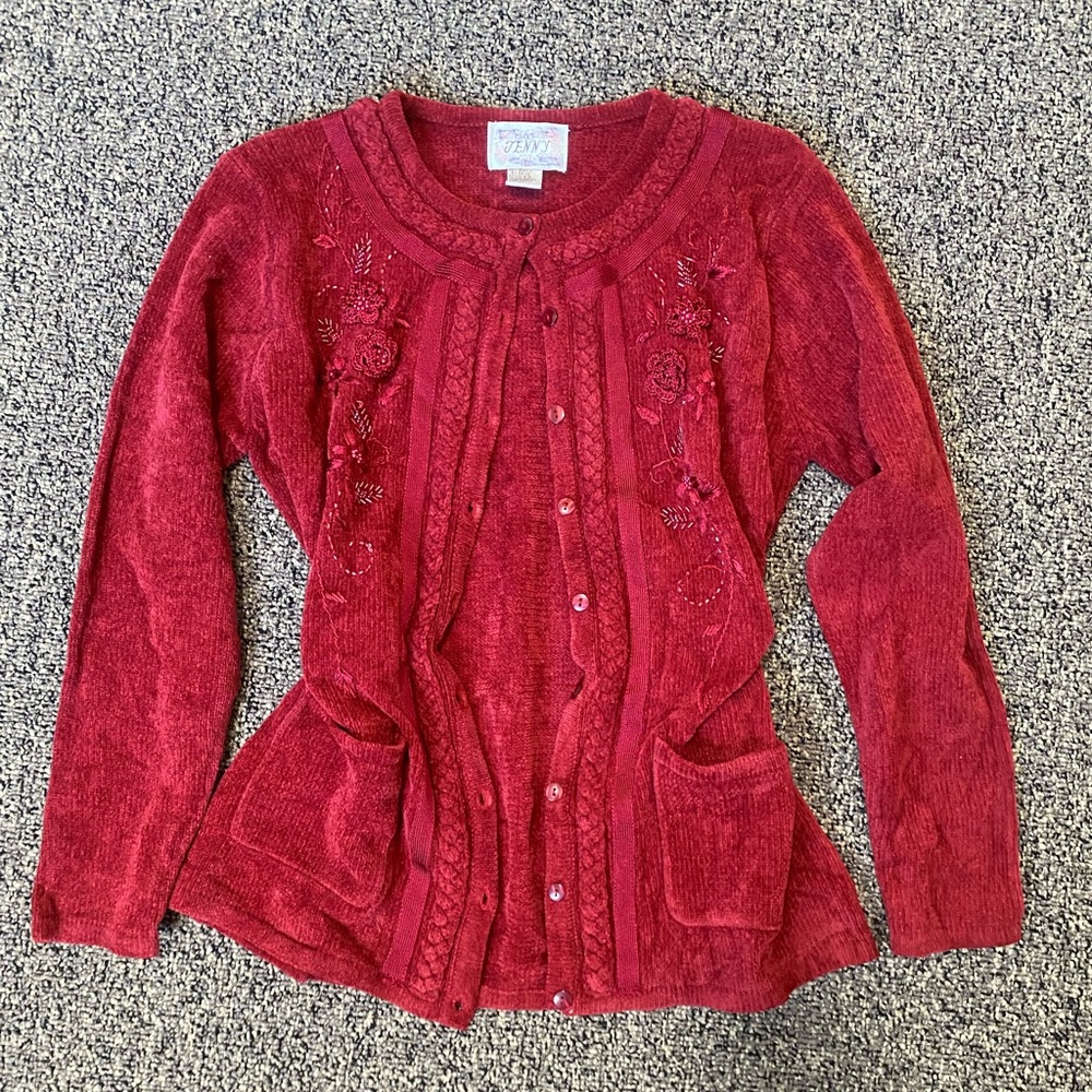 Jenny Womens Feminine Floral embroidered sweater button down cardigan vintage